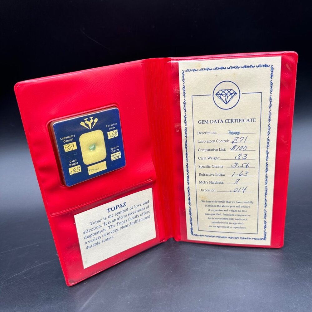 Vintage Topaz Gemstone Gem Data Certificate Red Case 0.83 Carat Jewelry Grade